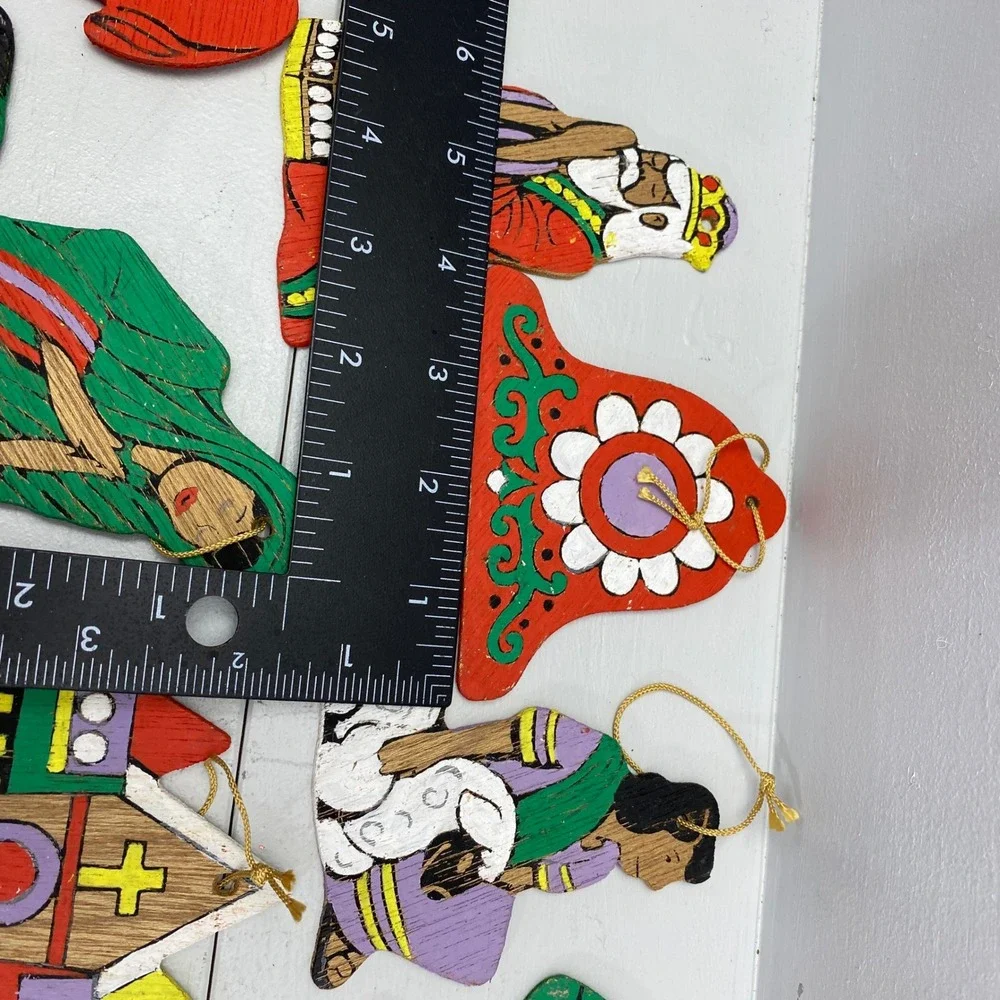Vintage Wooden Christmas Ornaments Lot 28 Hand Painted Folk Art Mixed Christian